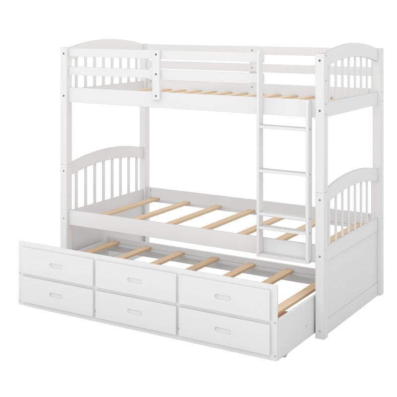 Twin over Twin Wood Bunk Bed with Trundle and Drawers,White