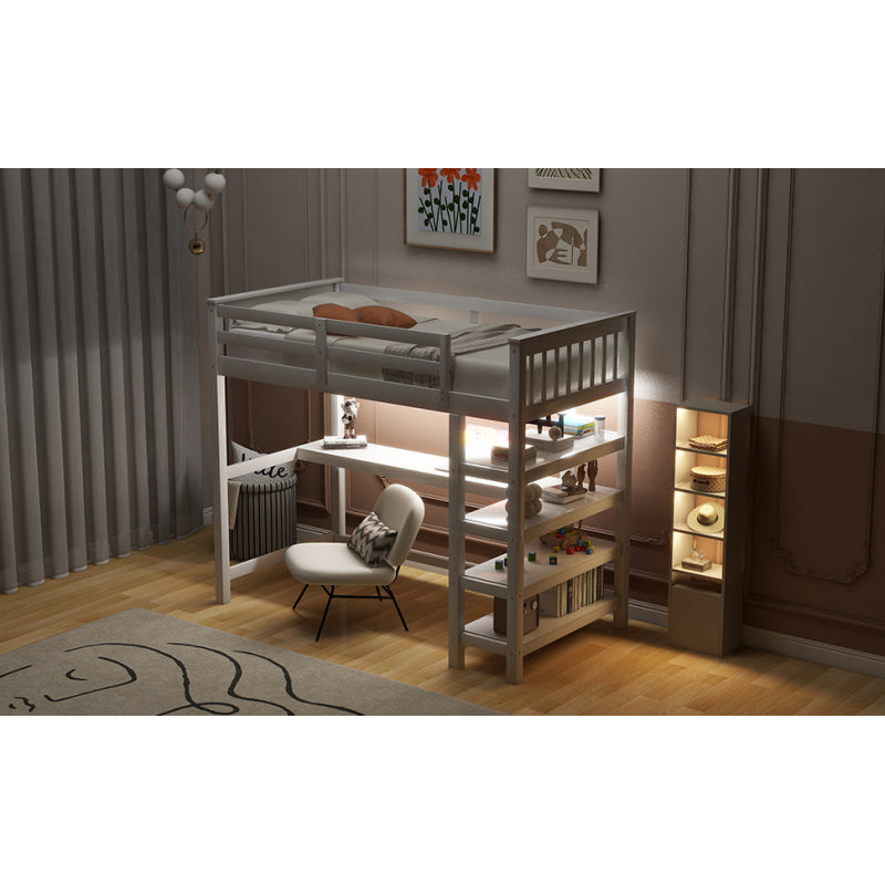 Bunk Loft Bed, with Storage Shelves and Underbed Desk, with LED Lights, White