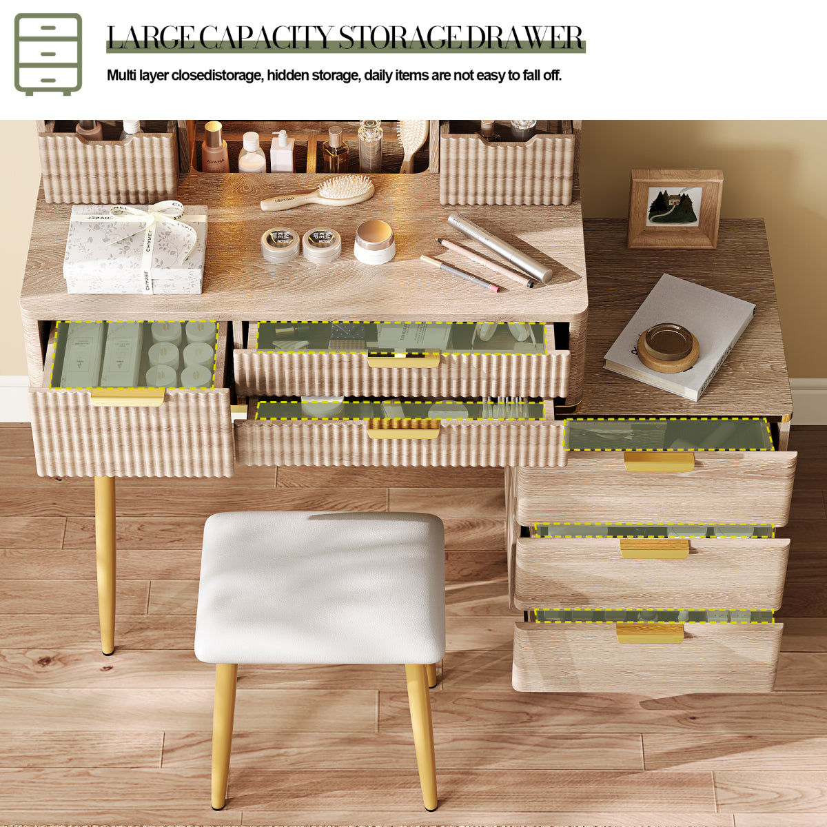 7-Drawer Vanity Desk: LED Mirror, Carved Details, Stool & Jewelry Storage