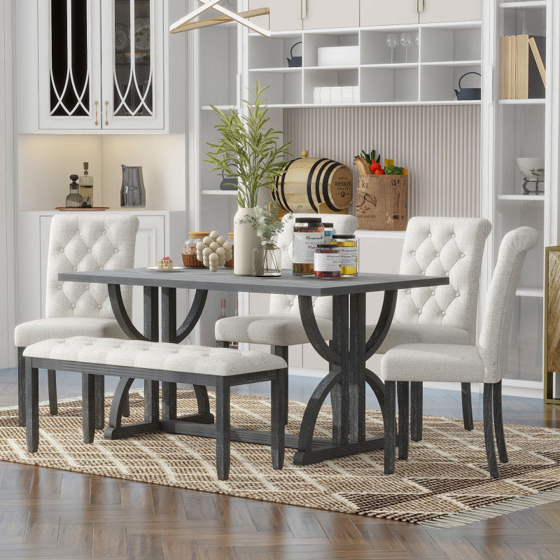 6-Piece Retro Dining Set - Table with 4 Chairs & Bench, Natural Wood