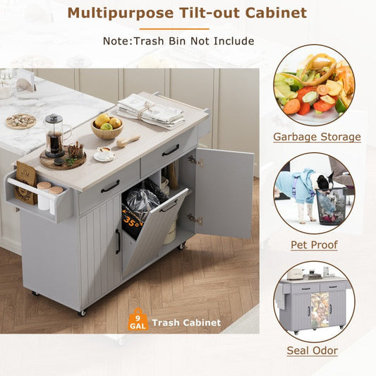 Kitchen Island with Tilt-Out Trash Bin & Drop Leaf, Rolling Storage Cart