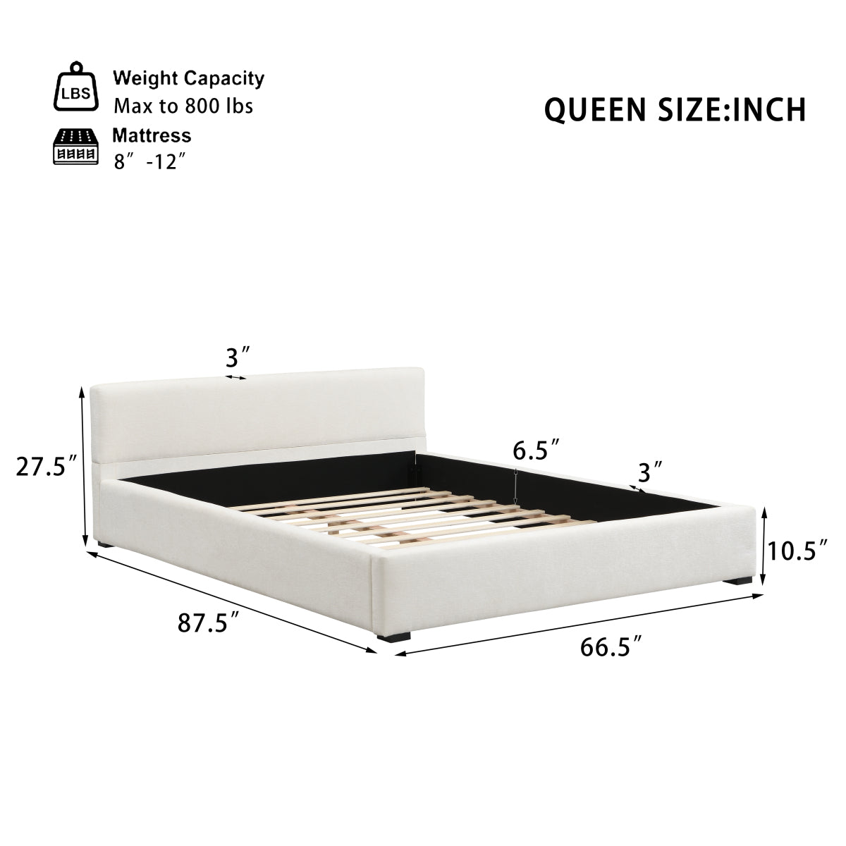 Modern Queen Wide-Edge Bed: Beige Upholstered Platform Bed Frame
