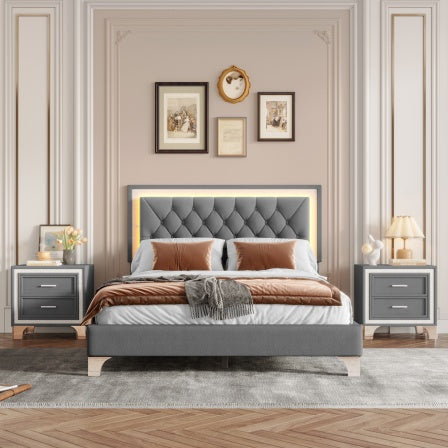 Modern Queen Upholstered Bed Set w/ LED Headboard & Nightstands