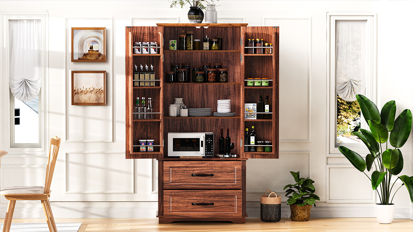 Farmhouse Pantry Cabinet with Drawers & Embossed Doors