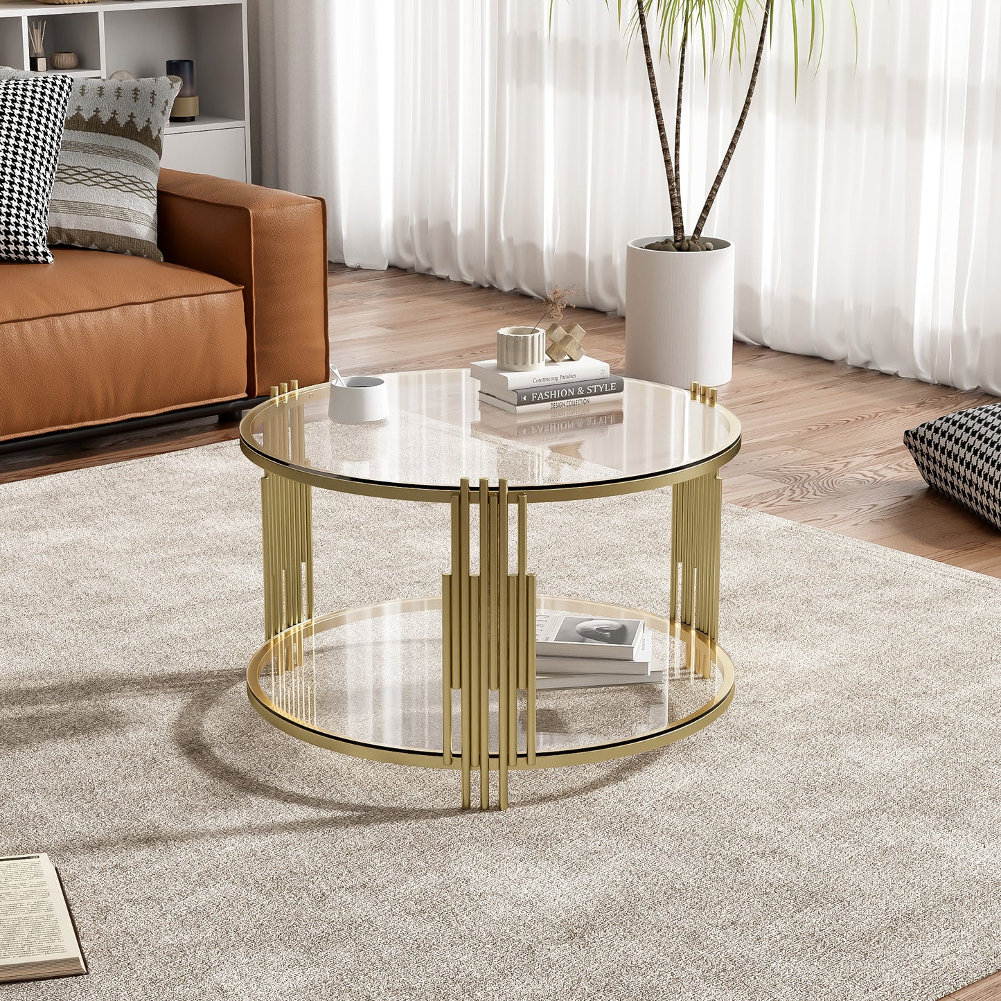 Asymmetrical Gold Coffee Table | Circular Base & Glass Top