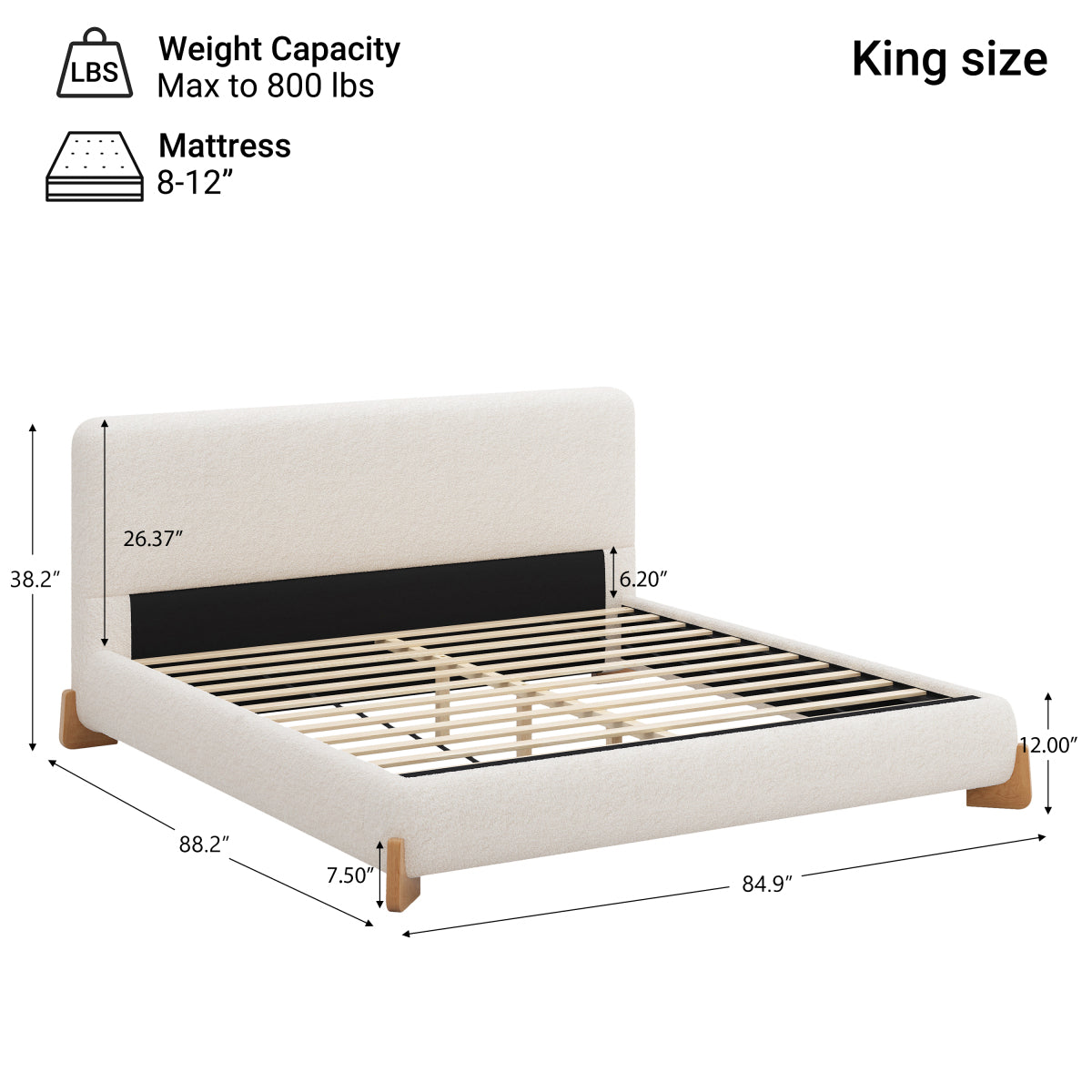 Modern King White Boucle Upholstered Bed: Luxury Platform Bed Frame