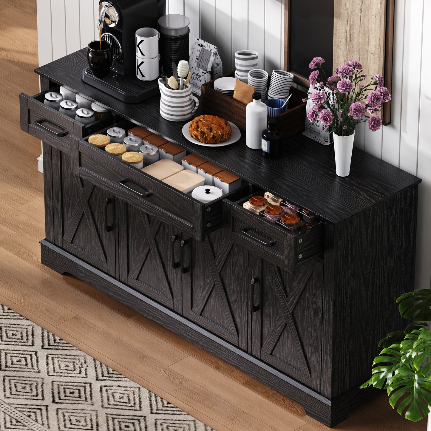 Black Farmhouse Buffet Sideboard with Door Shelves