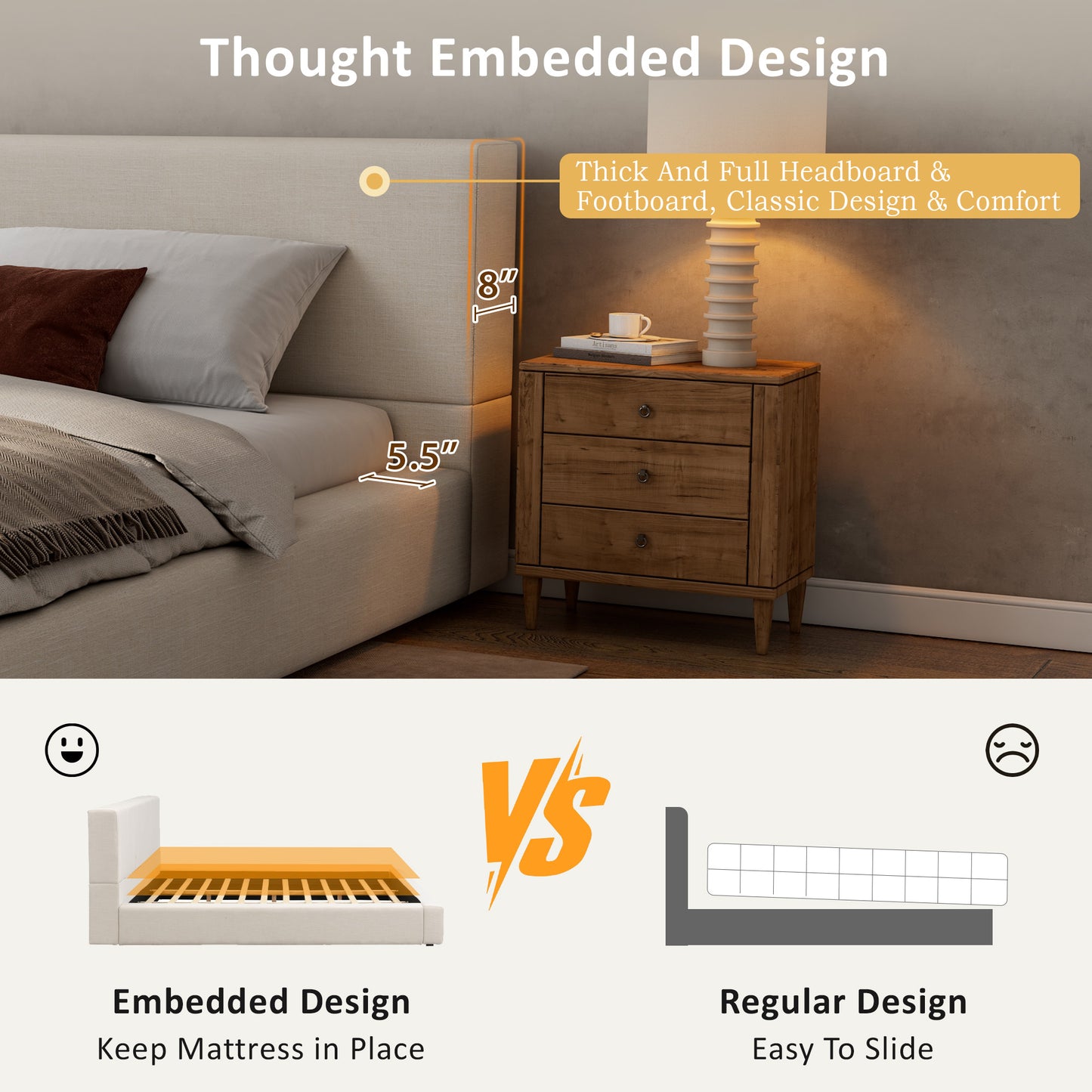 King Upholstered Platform Bed | Beige Linen Headboard & Footboard