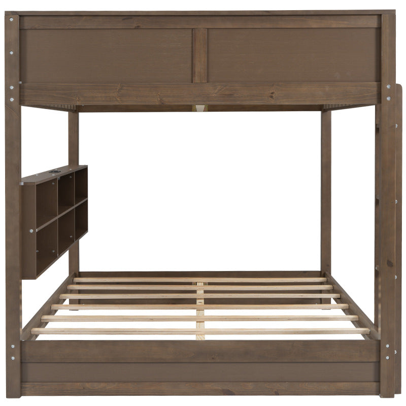 Antique Wood Queen Bunk Bed with Storage & USB Ports