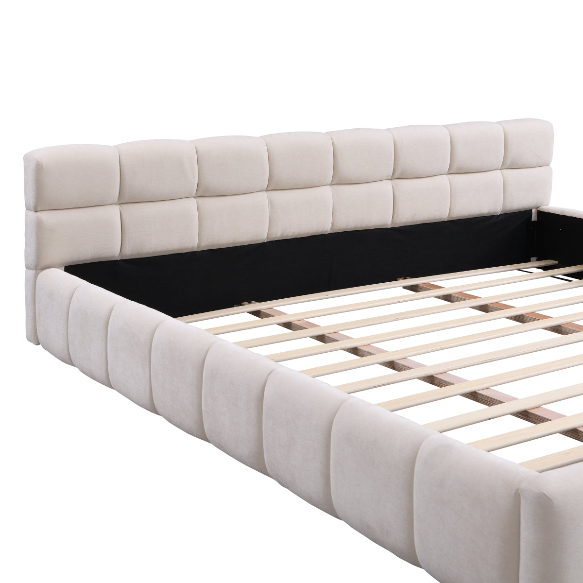 Elegant Beige Chenille Upholstered Bed with Checkerboard Design, King, Beige