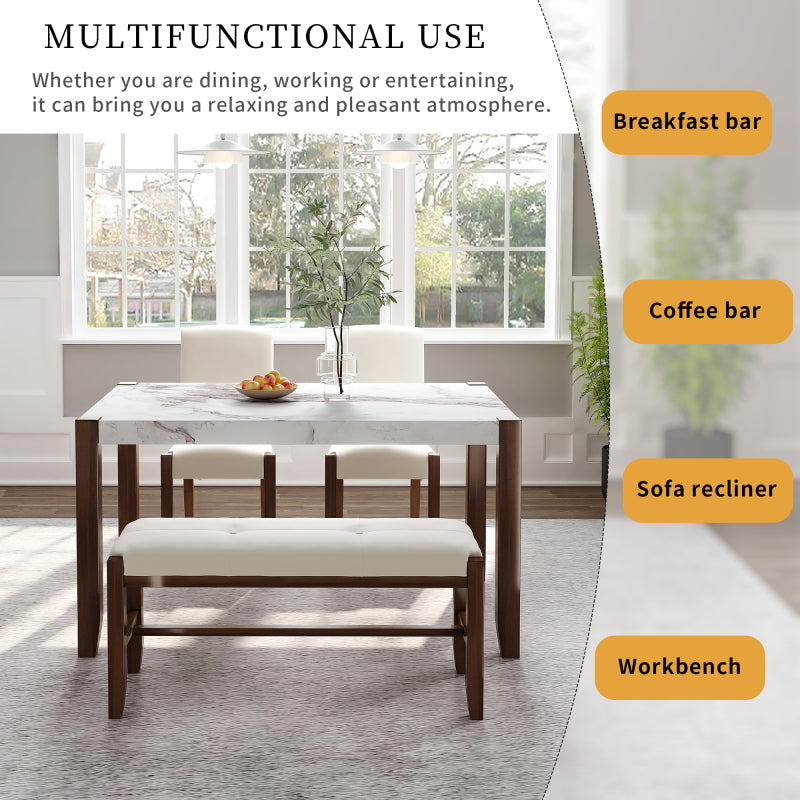 4-Piece Modern Dining Set - Faux Marble Table with 2 Chairs & Bench