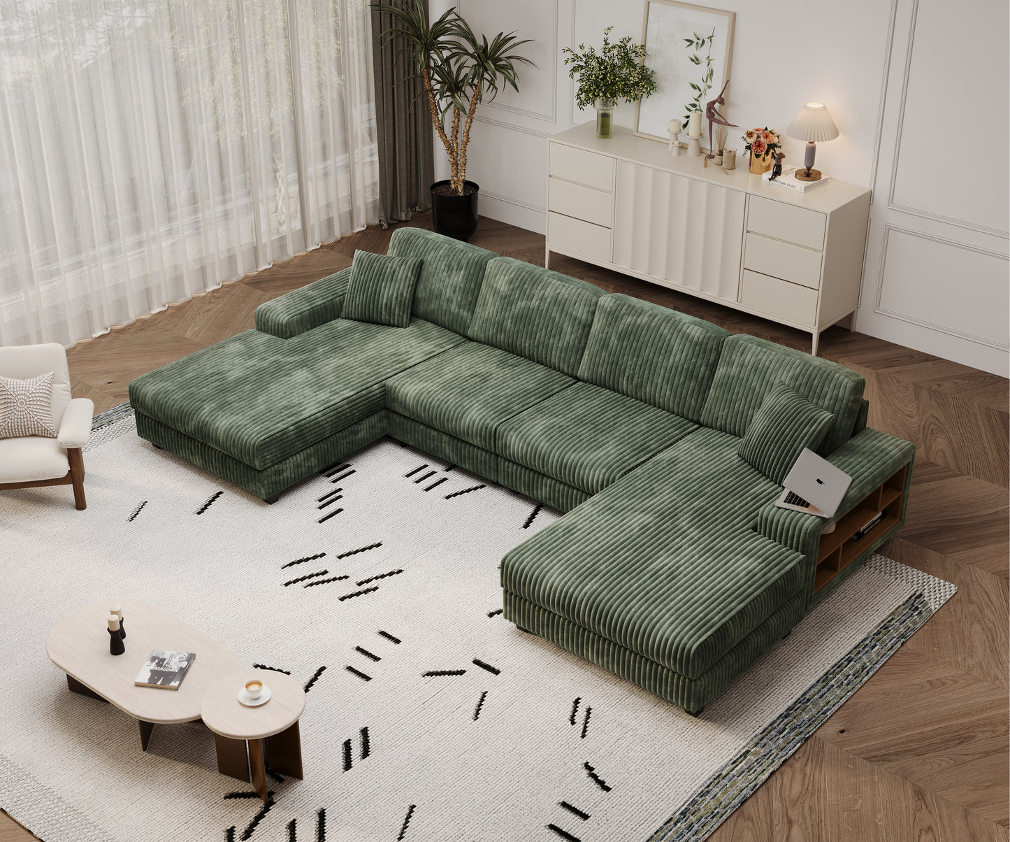 U-Shaped 4 Seat Corduroy Sectional Sofa, Green