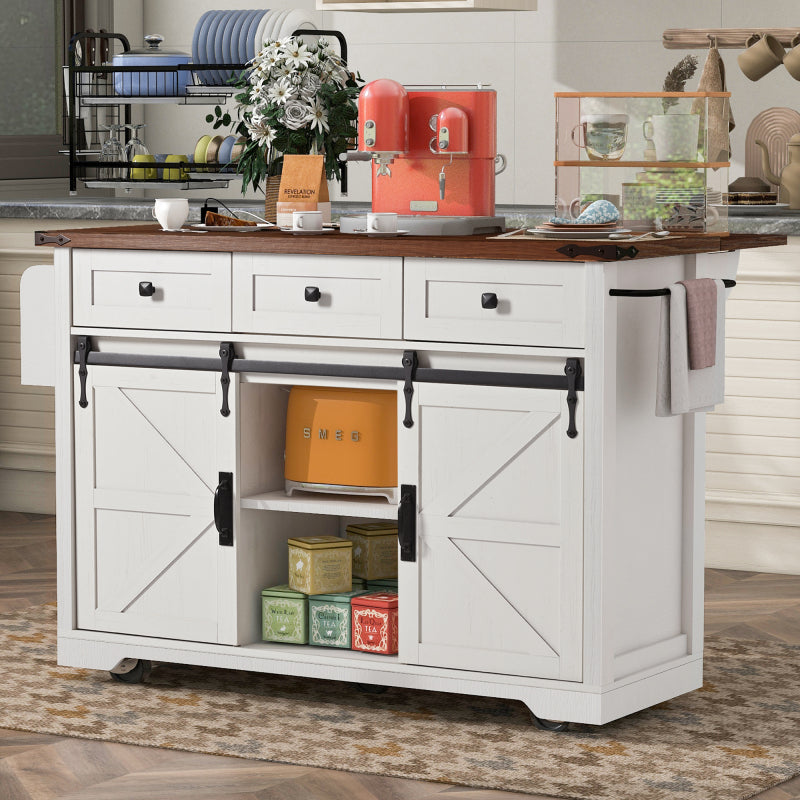 Black Rolling Kitchen Cart - 53.7" Island with Barn Doors & Storage