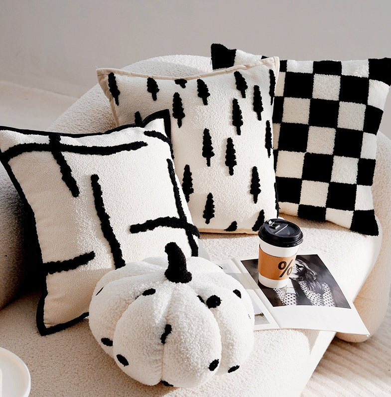 French Forest Checkerboard Pillow Cover – Black & White Ins Style Throw Cushion for Sofa, Bay Window, or Bed – Cover Only