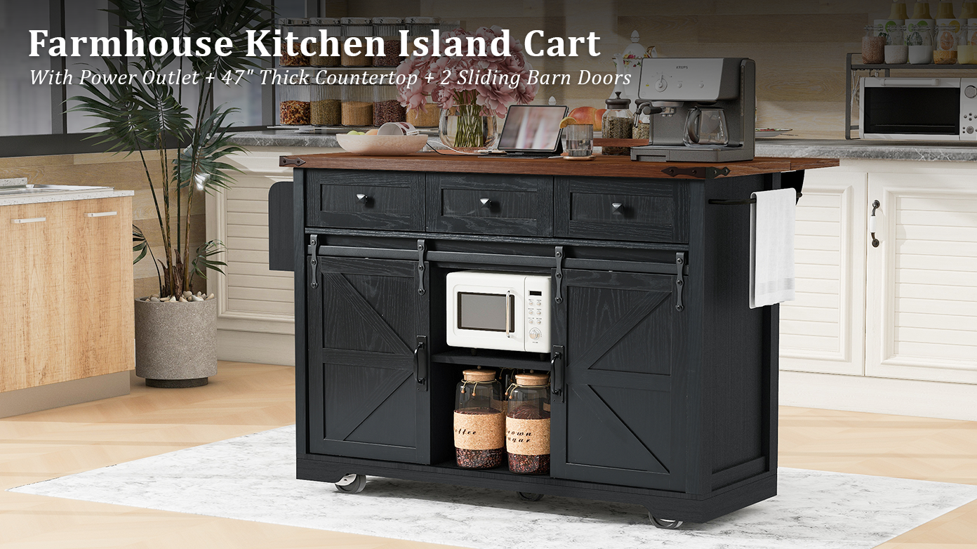 Black Rolling Kitchen Cart - 53.7" Island with Barn Doors & Storage
