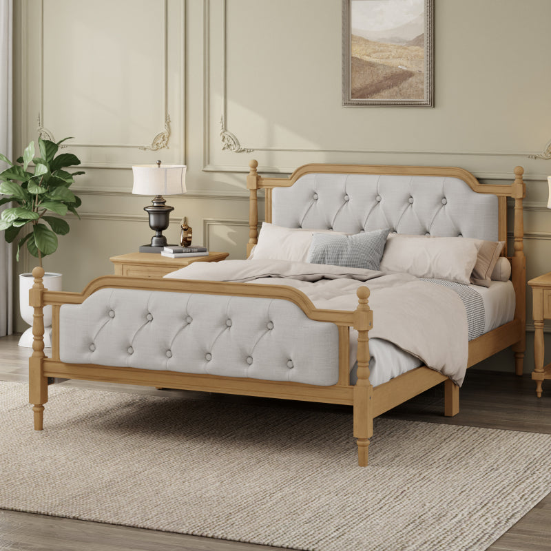 Queen Solid Wood Bed Frame with Tufted Headboard - No Box Spring, Antique Walnut