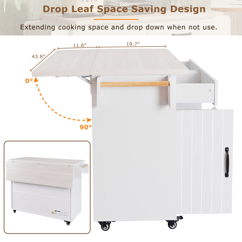 White Kitchen Island with Trash Cabinet & Drop Leaf