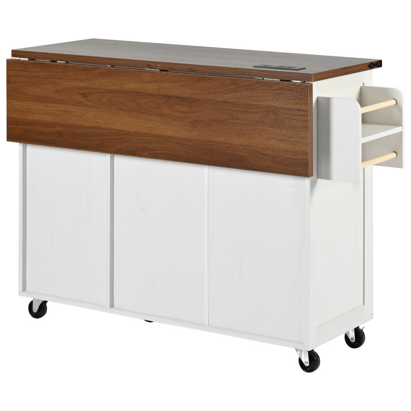 54.5" Farmhouse Kitchen Island – Drop Leaf, Power Outlet, Storage Racks, Rolling Cart-white
