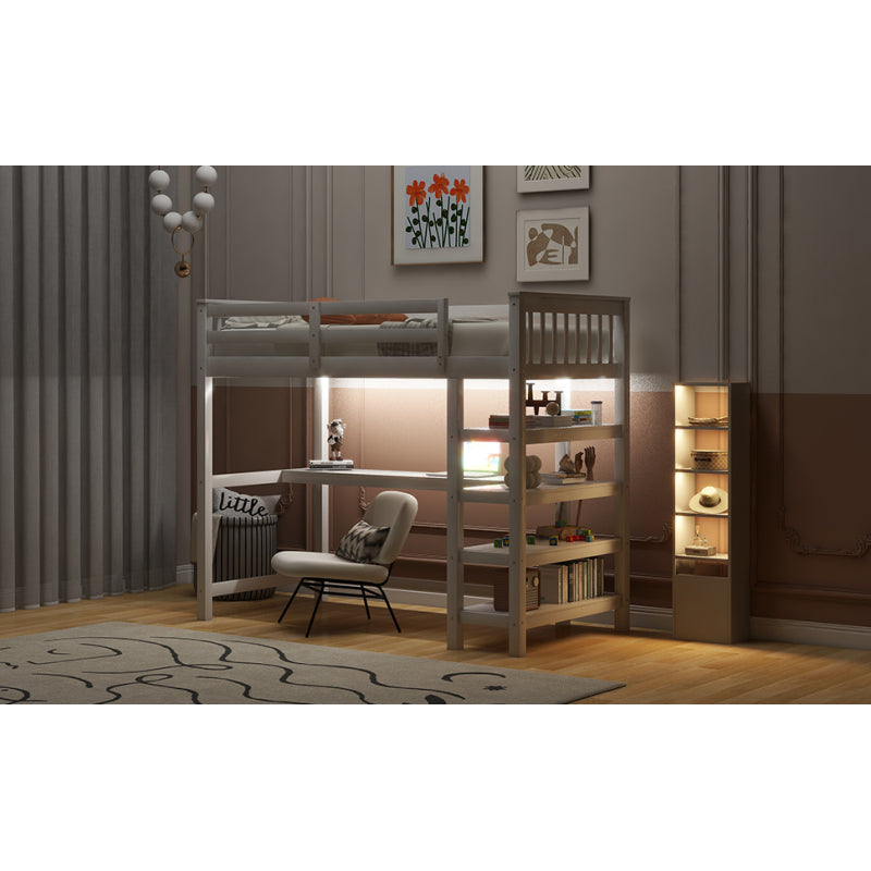 Bunk Loft Bed, with Storage Shelves and Underbed Desk, with LED Lights, White