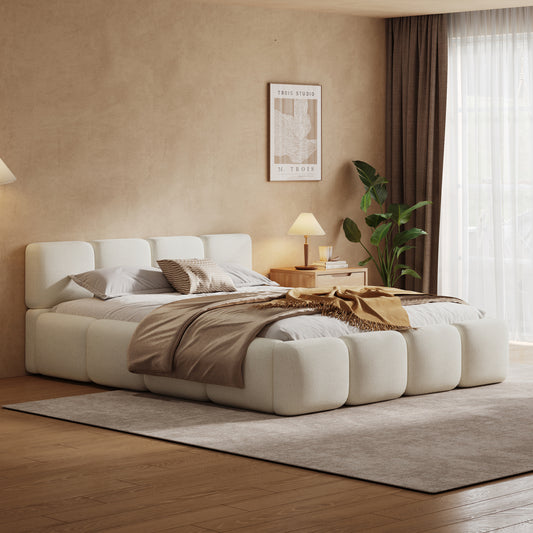 Queen White Boucle Upholstered Bed | Grounded Block Style