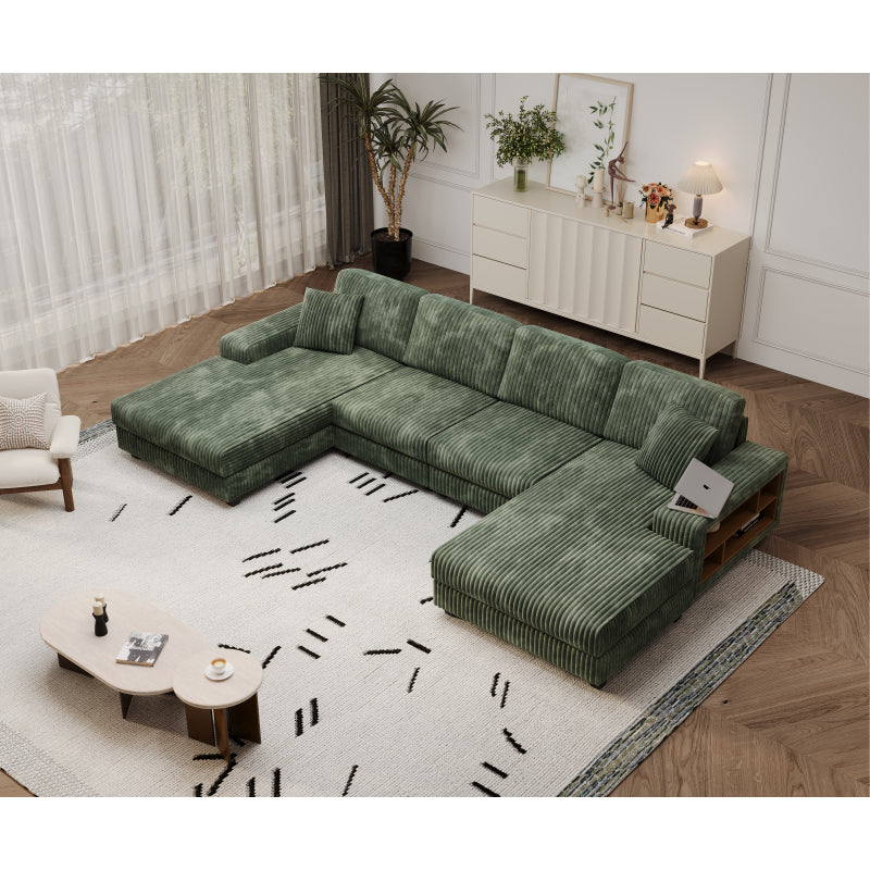 U-Shaped 4 Seat Corduroy Sectional Sofa, Green