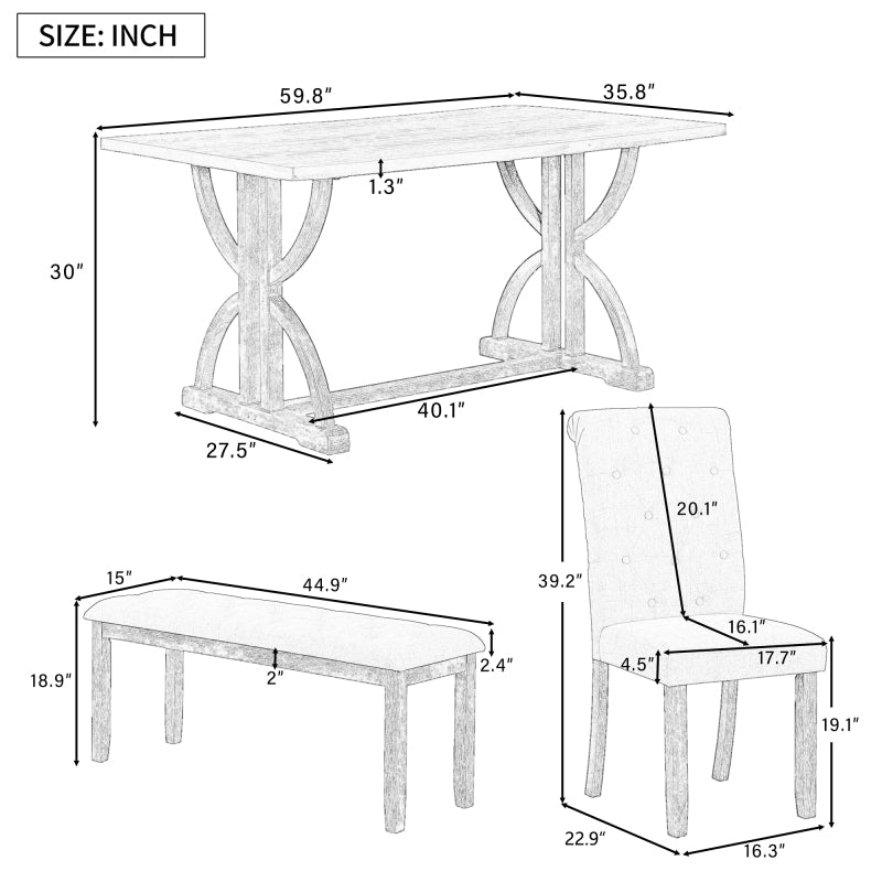 6-Piece Retro Dining Set - Table with 4 Chairs & Bench, Natural Wood