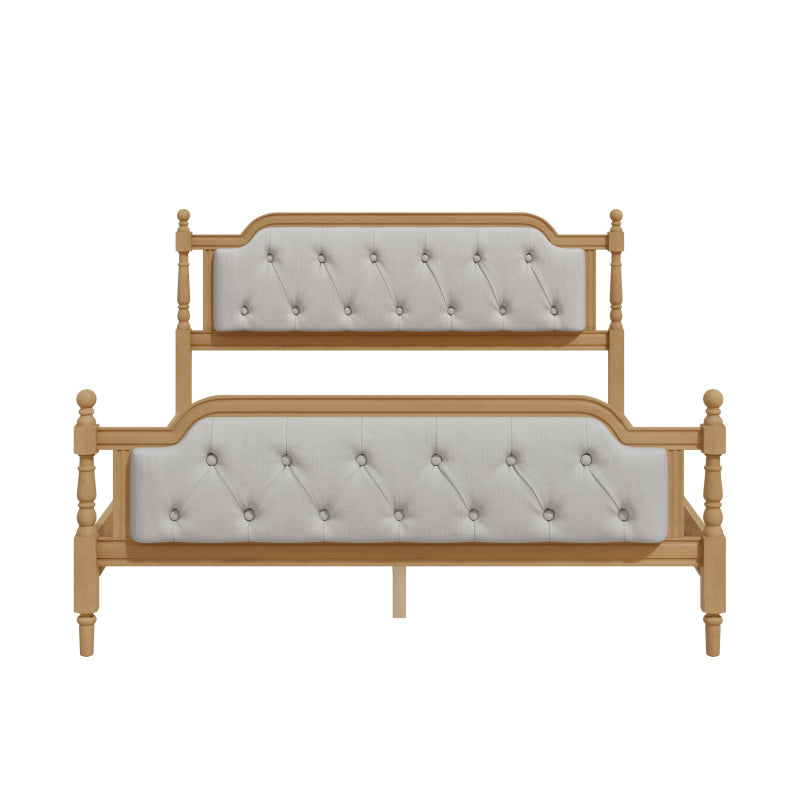 Queen Solid Wood Bed Frame with Tufted Headboard - No Box Spring, Antique Walnut