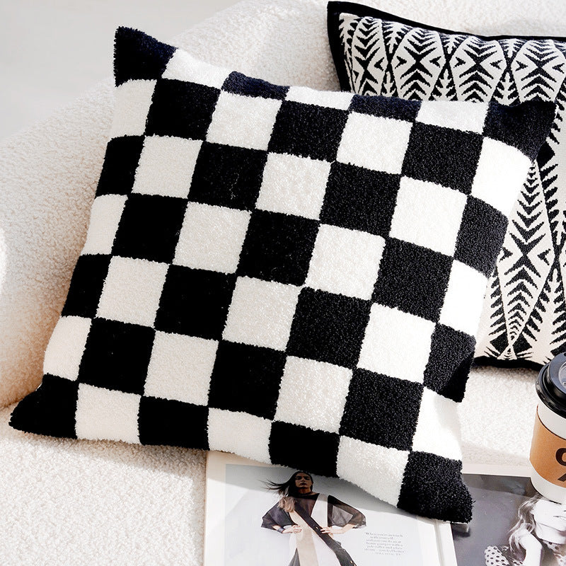 French Forest Checkerboard Pillow Cover – Black & White Ins Style Throw Cushion for Sofa, Bay Window, or Bed – Cover Only