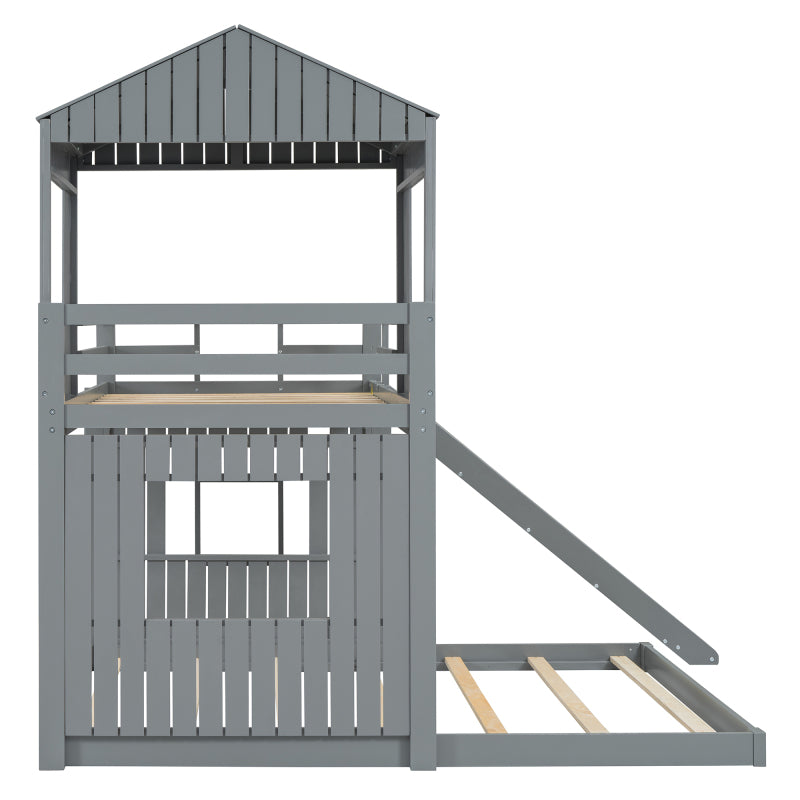 Wooden Twin Over Full Bunk Bed with Slide & Ladder – Farmhouse Playhouse Design