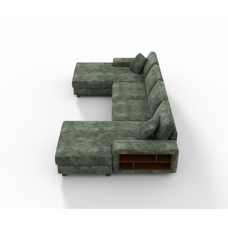 U-Shaped 4 Seat Corduroy Sectional Sofa, Green