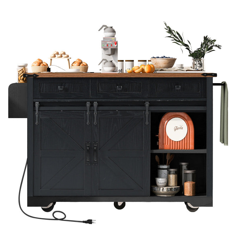 Black Rolling Kitchen Cart - 53.7" Island with Barn Doors & Storage