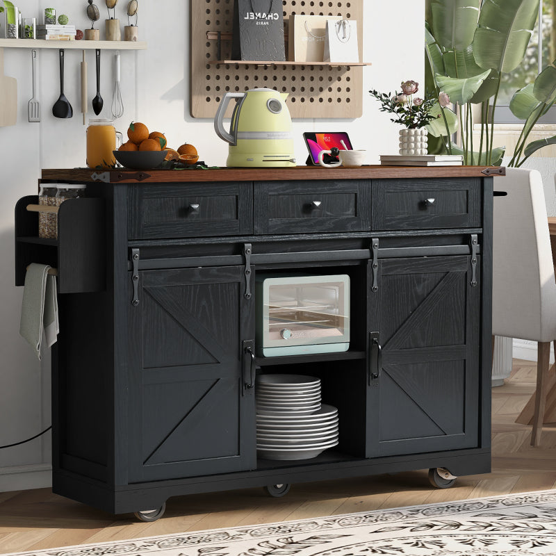 Black Rolling Kitchen Cart - 53.7" Island with Barn Doors & Storage