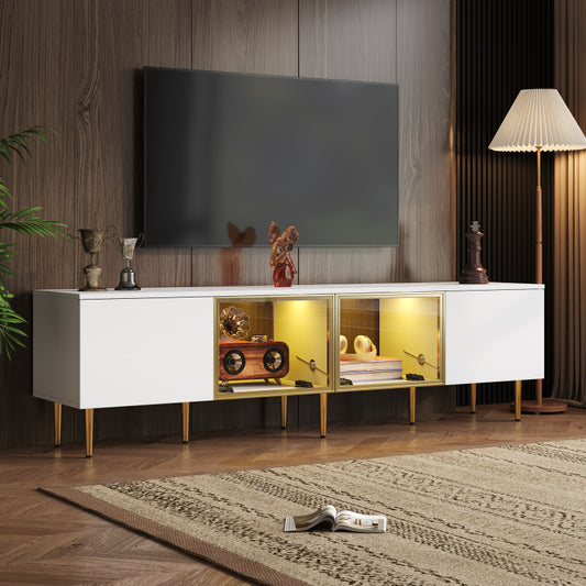 Modern TV Stand with Glass Doors & LED Lights, 67"