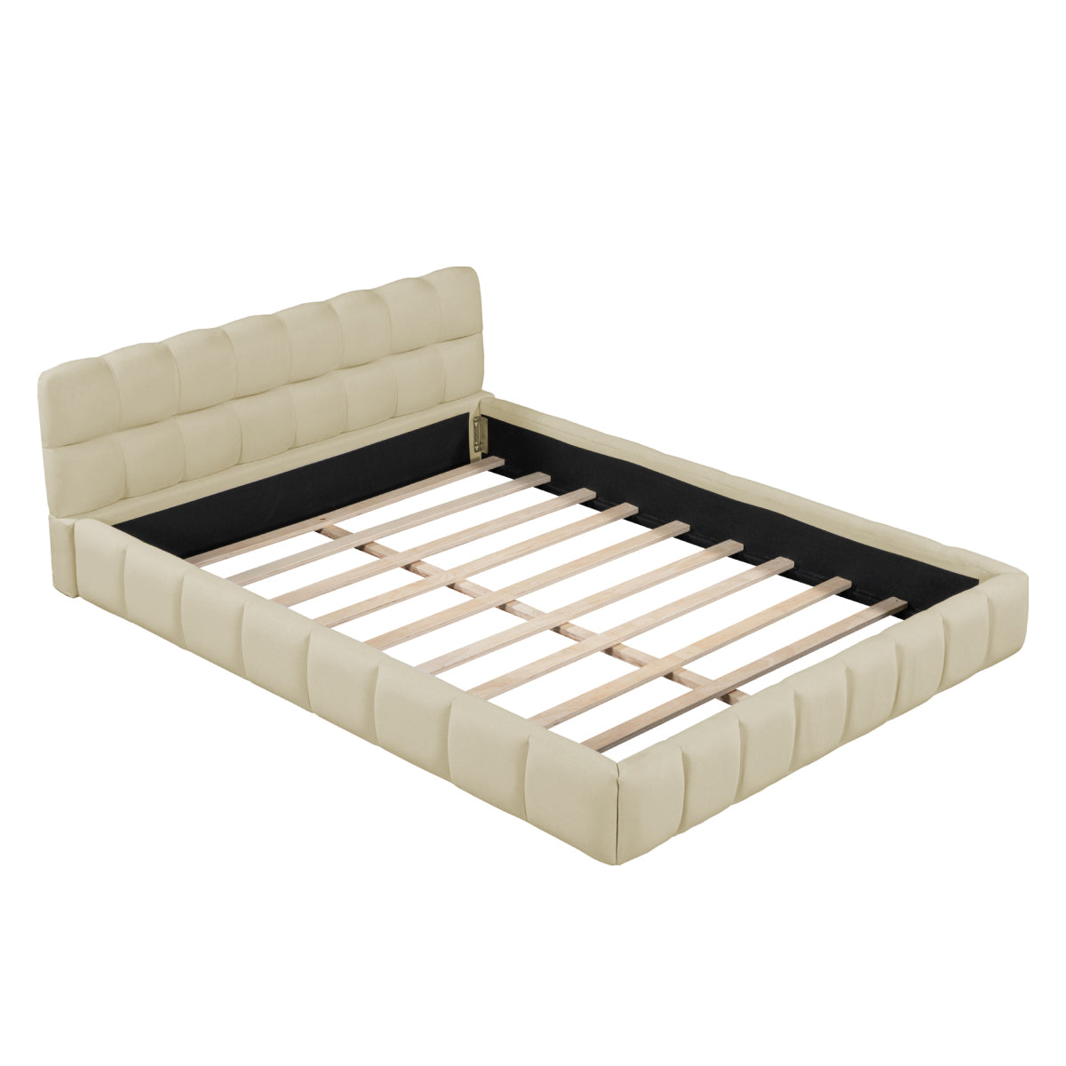 Modern Queen Grounded Bed: Beige Thick Fabric Upholstered Platform Bed