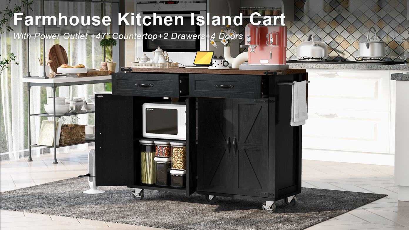 53.5" Farmhouse Kitchen Island with Drop Leaf & Power Outlet