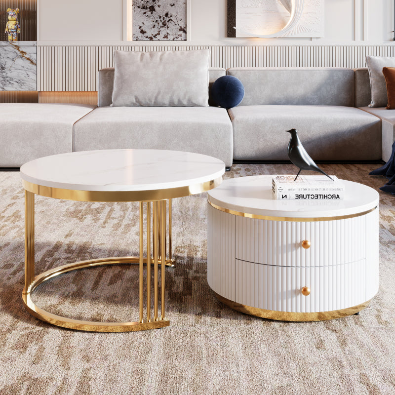 27.6" Round Nesting Coffee Table | Fluted, White & Gold with Drawer
