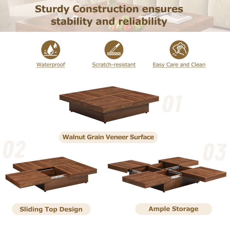 Square Veneer Coffee Table Sliding Top with Storage in Walnut 39.4''
