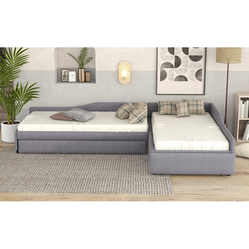 Upholstered Double Twin Size Daybed with Trundle and Drawer, Gray