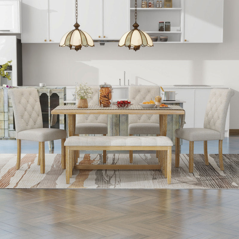 6-Piece Retro Dining Set - Table with 4 Chairs & Bench, Natural Wood