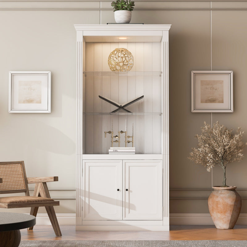 79" Tall LED Bookcase Display Cabinet - 3-Piece Retro Bookshelf with Glass Shelves, White