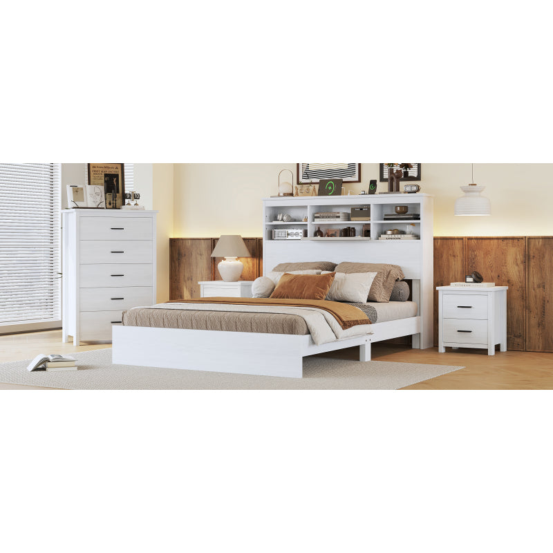 4-Pieces Bedroom Sets Queen Size Vintage Wooden Bed Frame with 2 Nightstands and 1 Dresser, White