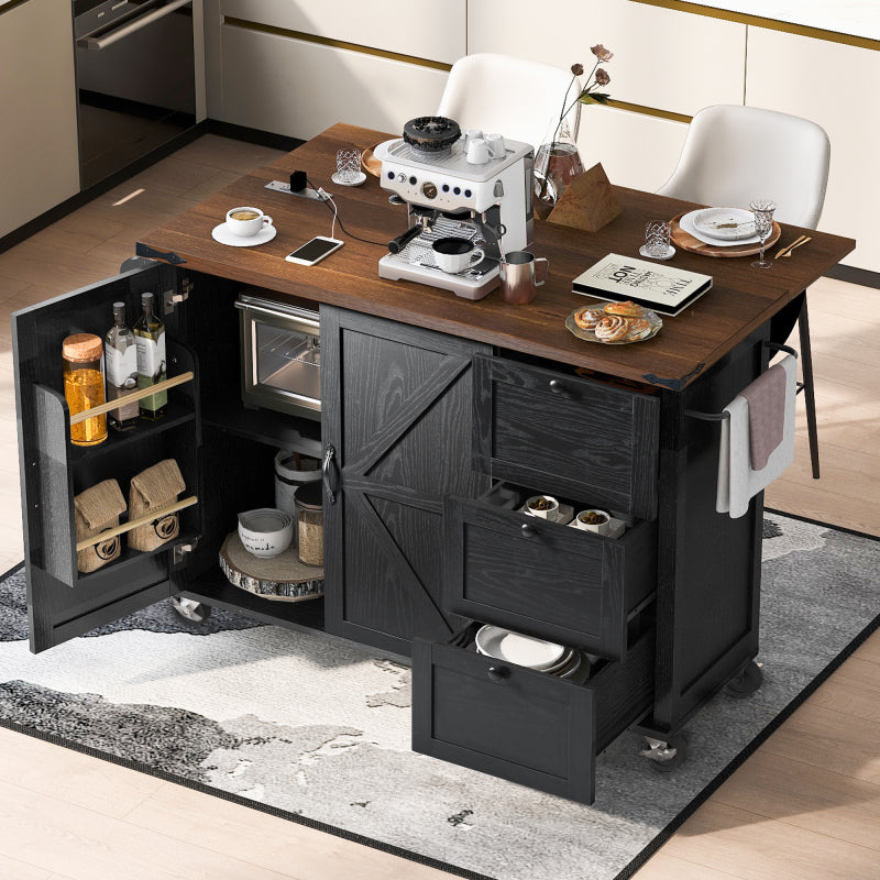 54.5" Farmhouse Kitchen Island – Drop Leaf, Power Outlet, Storage Racks, Rolling Cart-white