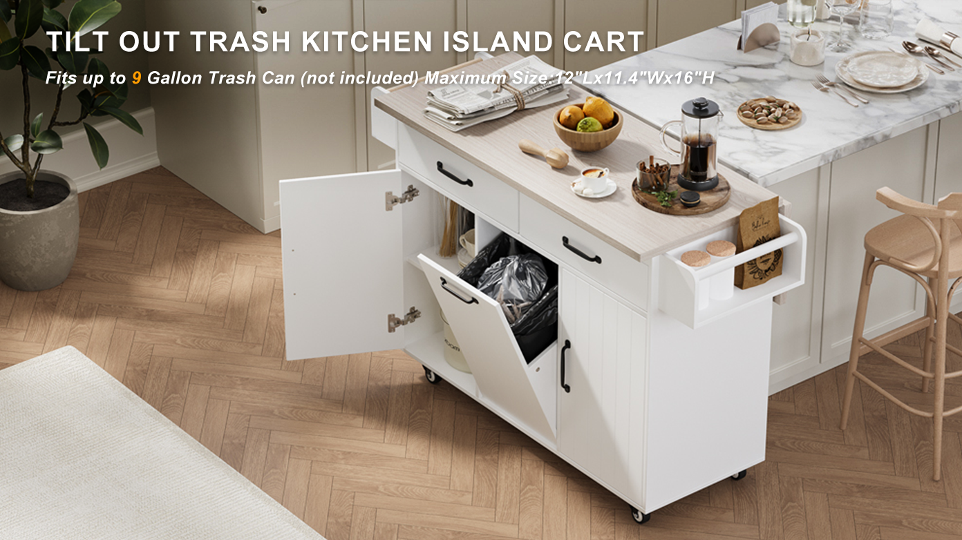 White Kitchen Island with Trash Cabinet & Drop Leaf
