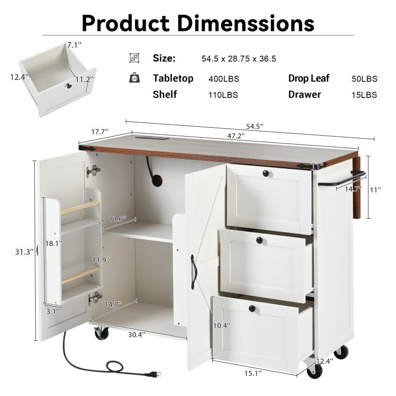 54.5" Farmhouse Kitchen Island – Drop Leaf, Power Outlet, Storage Racks, Rolling Cart-white
