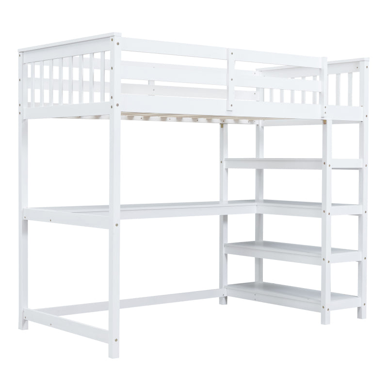 Bunk Loft Bed, with Storage Shelves and Underbed Desk, with LED Lights, White