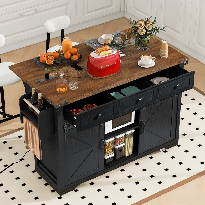 Black Rolling Kitchen Cart - 53.7" Island with Barn Doors & Storage