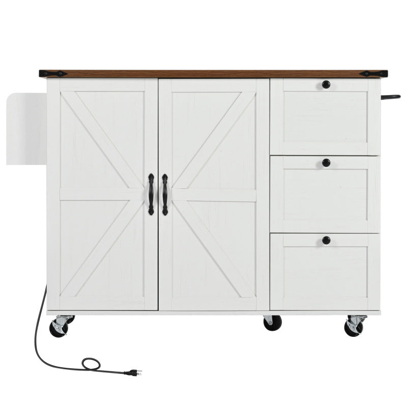 54.5" Farmhouse Kitchen Island – Drop Leaf, Power Outlet, Storage Racks, Rolling Cart-white