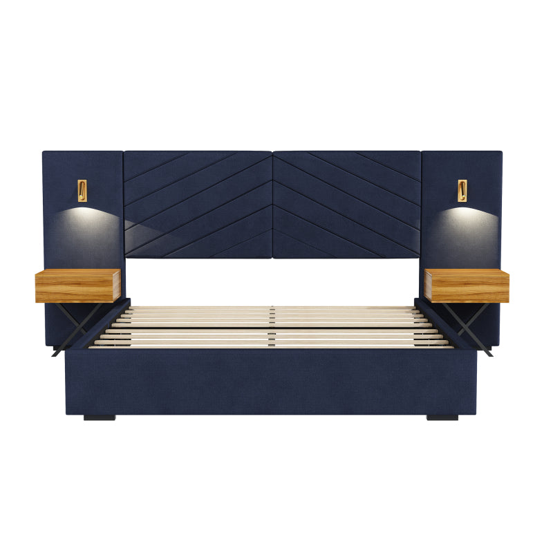 King Size Velvet Platform Bed Frame with Wingback Headboard - No Box Spring Needed, Royal Blue