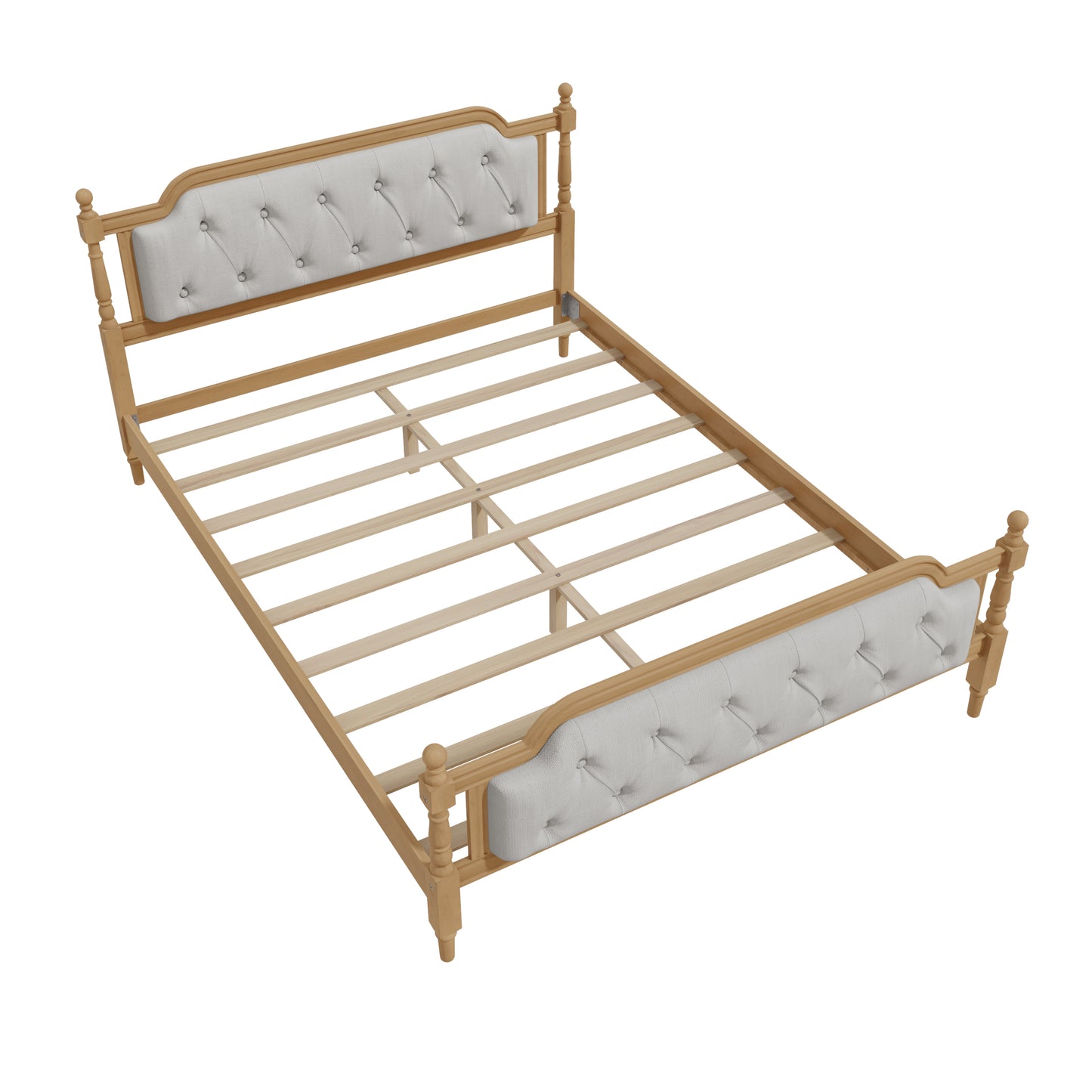 Queen Solid Wood Bed Frame with Tufted Headboard - No Box Spring, Antique Walnut