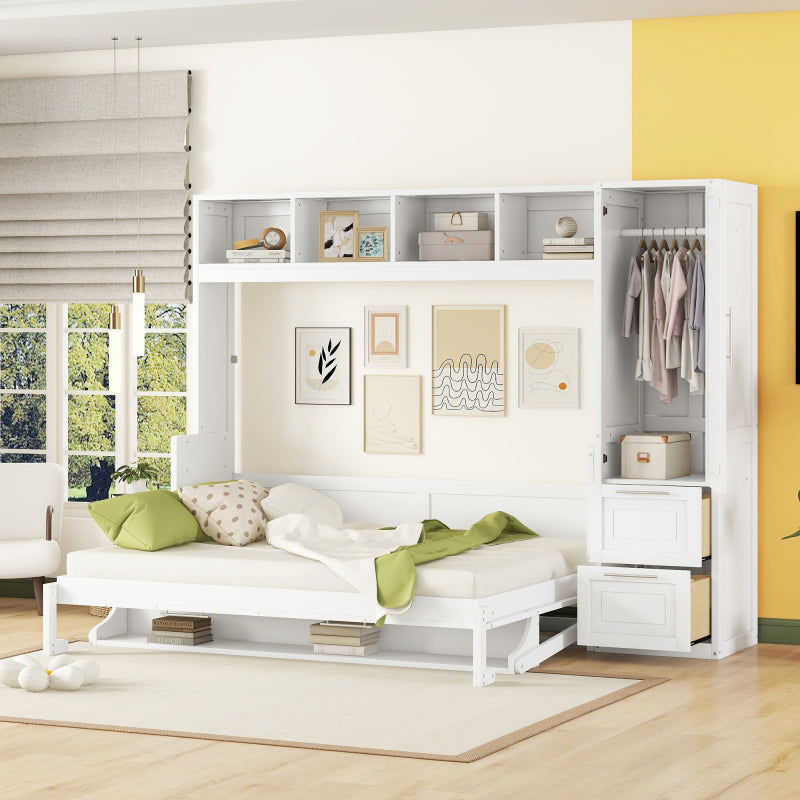 Murphy Bed with Closet & Drawers – Queen Size, White